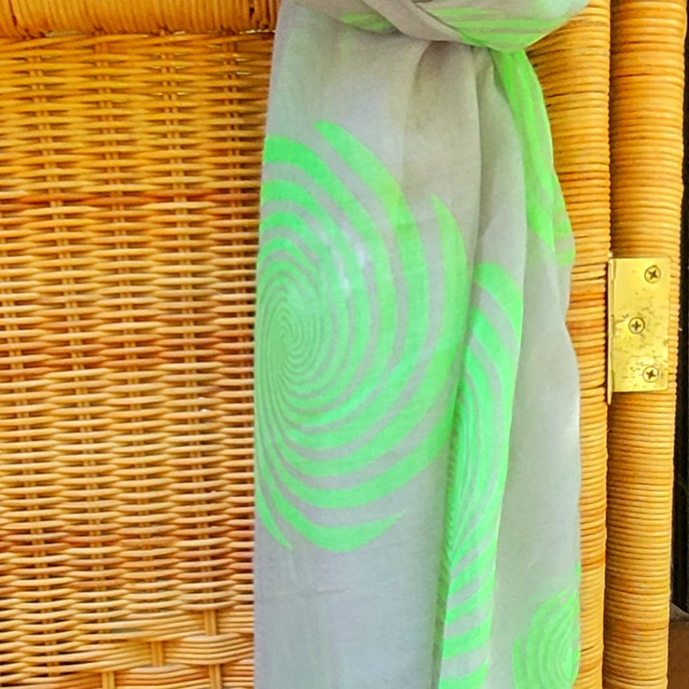 Sarong/scarf beachcover up gray with lime green swirls